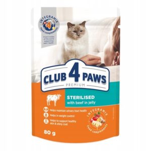 CLUB 4 PAWS PREMIUM MOKRA KARMA DLA DOROSŁYCH KOTÓW PO STERYLIZACJI - Z WOŁOWINĄ W GALARETCE 80g