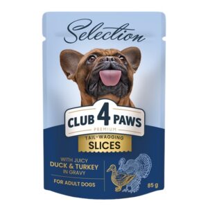 CLUB 4 PAWS PREMIUM SELECTION DLA DOROSŁYCH PSÓW MAŁYCH RAS – SOCZYSTE KAWAŁECZKI Z KACZKĄ I INDYKIEM W SOSIE 85g