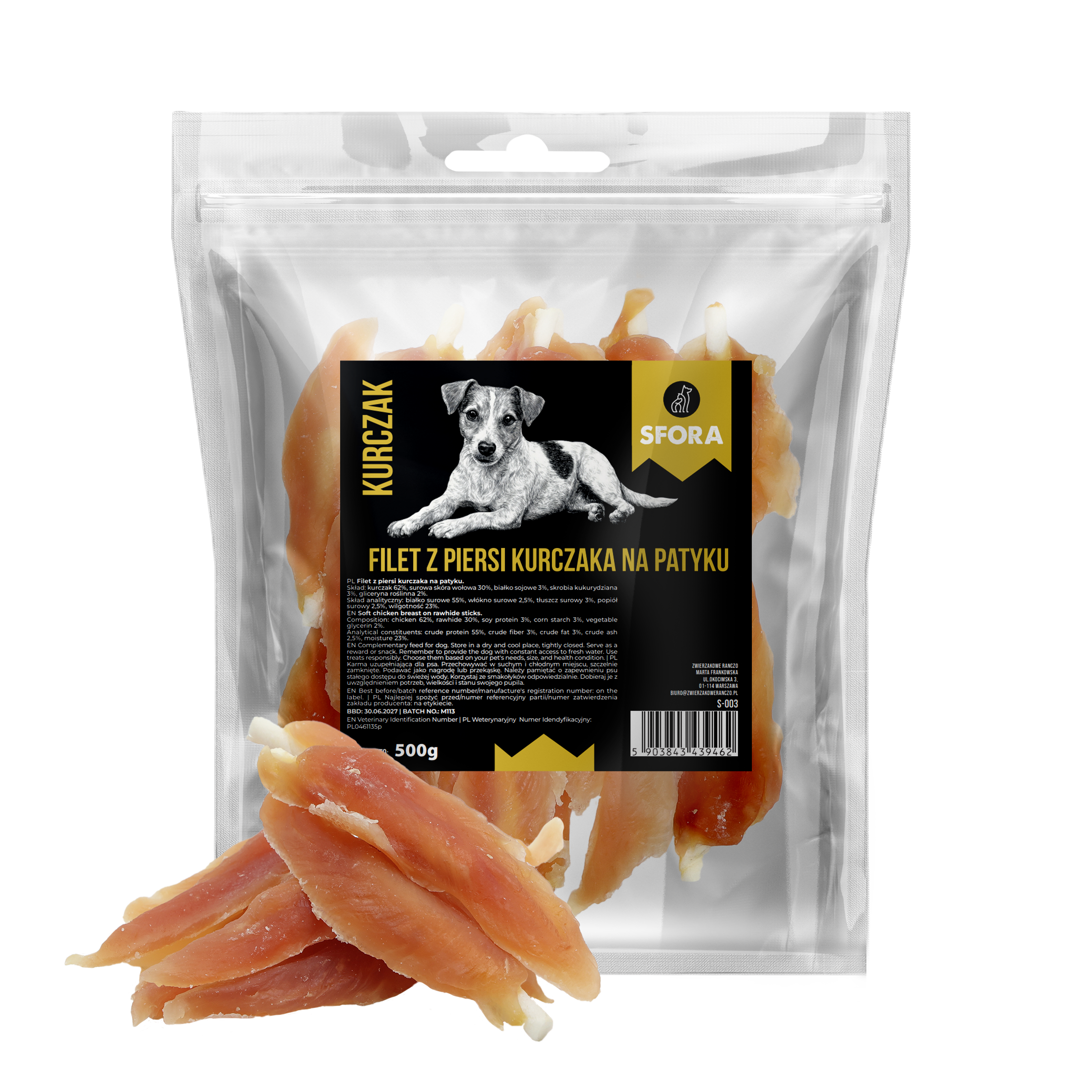 Sfora Hot Strips filet z piersi kurczaka na patyku 500 g naturalny przysmak dla psa