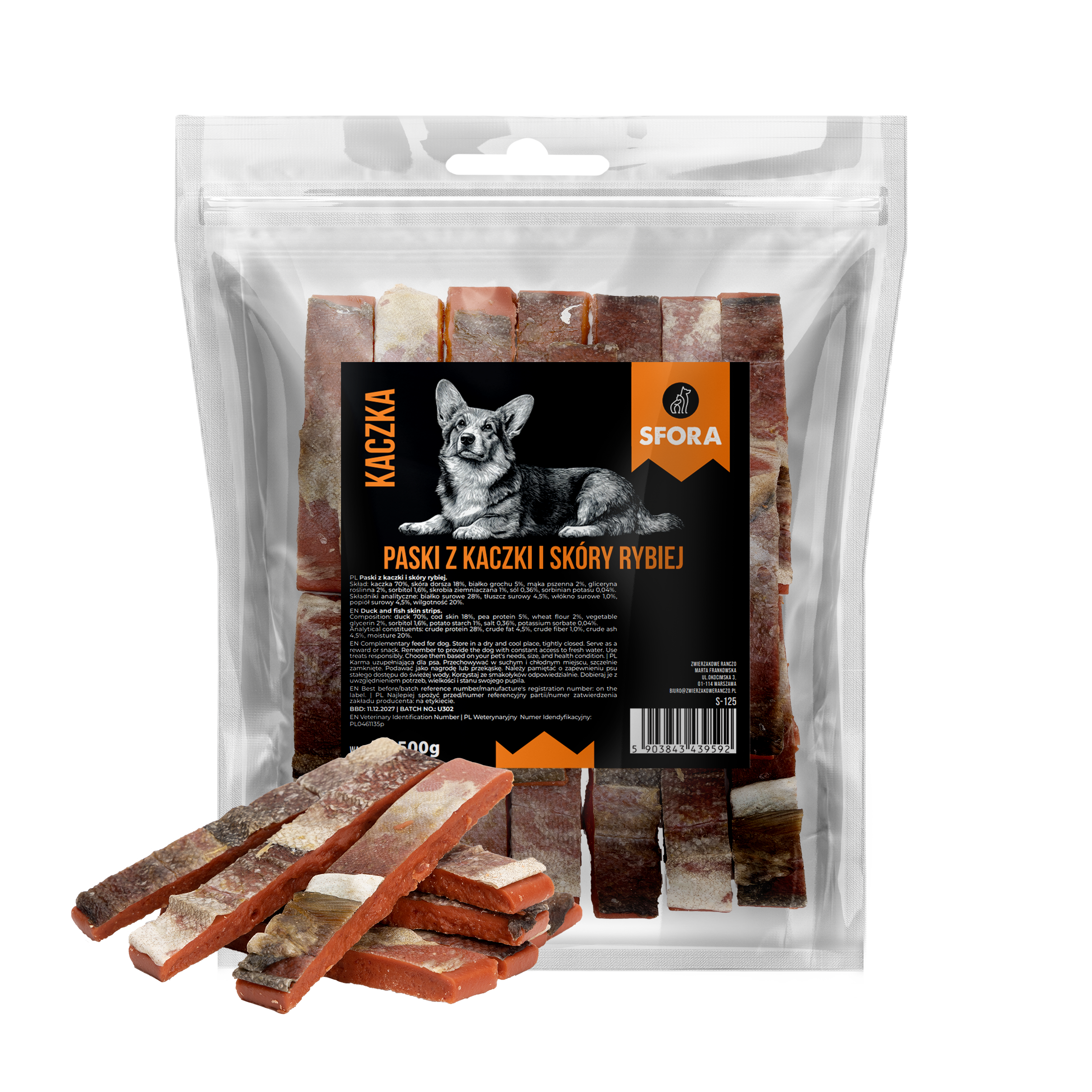 Sfora Hot Strips paski z kaczki i skóry rybiej 500 g naturalny przysmak dla psa
