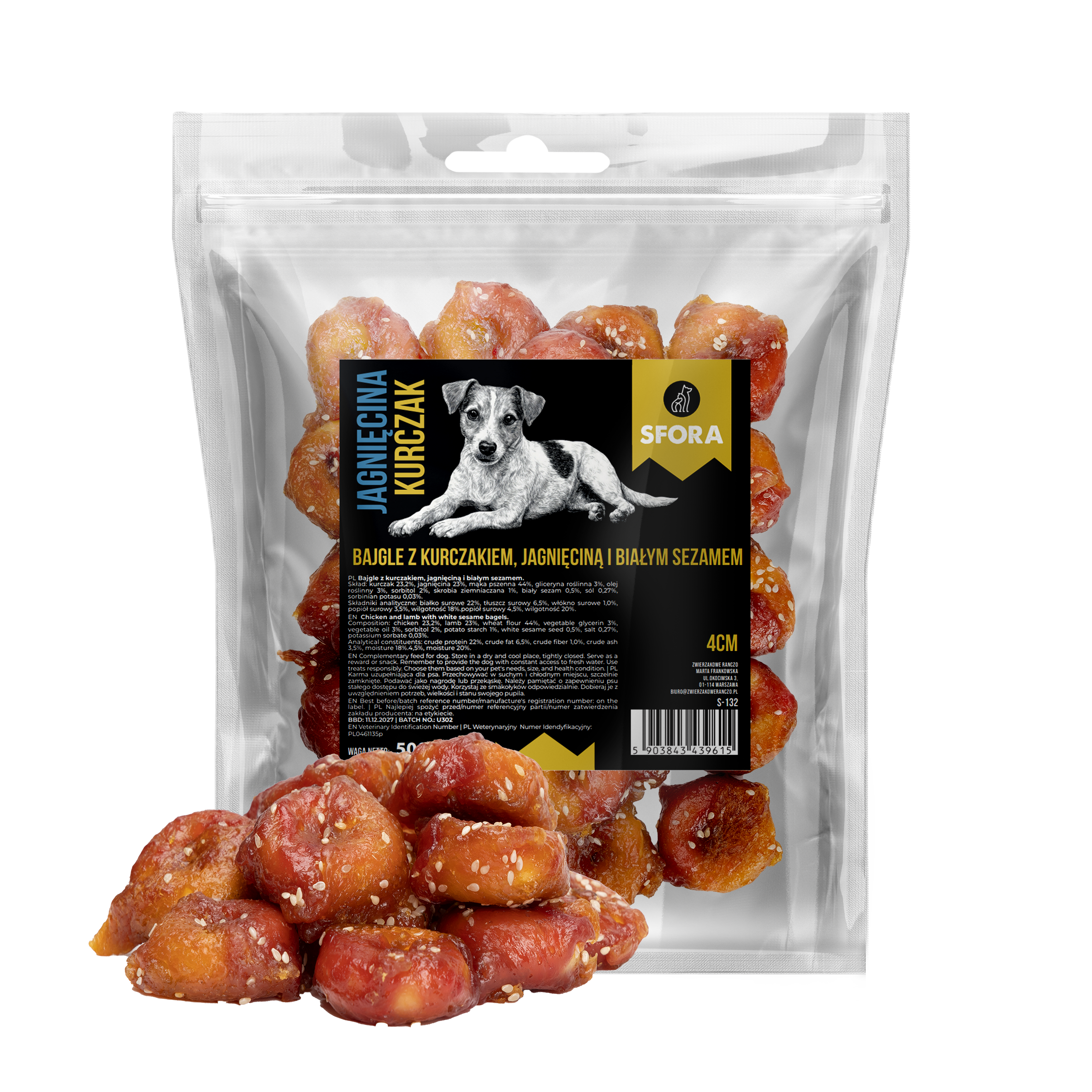 Sfora Hot Strips bajgle z kurczakiem jagnięciną i białym sezamem 500 g naturalny przysmak dla psa