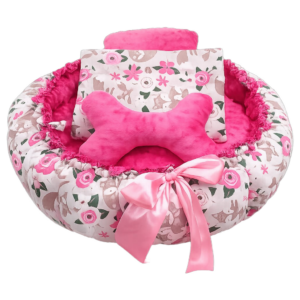 Różowe legowisko okrągłe 35 cm z poduszką, kocykiem i zabawką dla kota lub małego psa