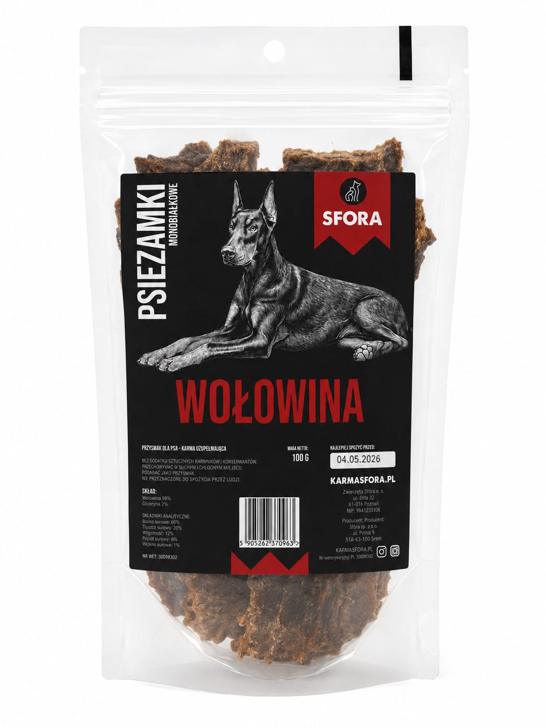 Sfora Psiezamki z wołowiny monobiałkowe 100 g – naturalny przysmak dla psa