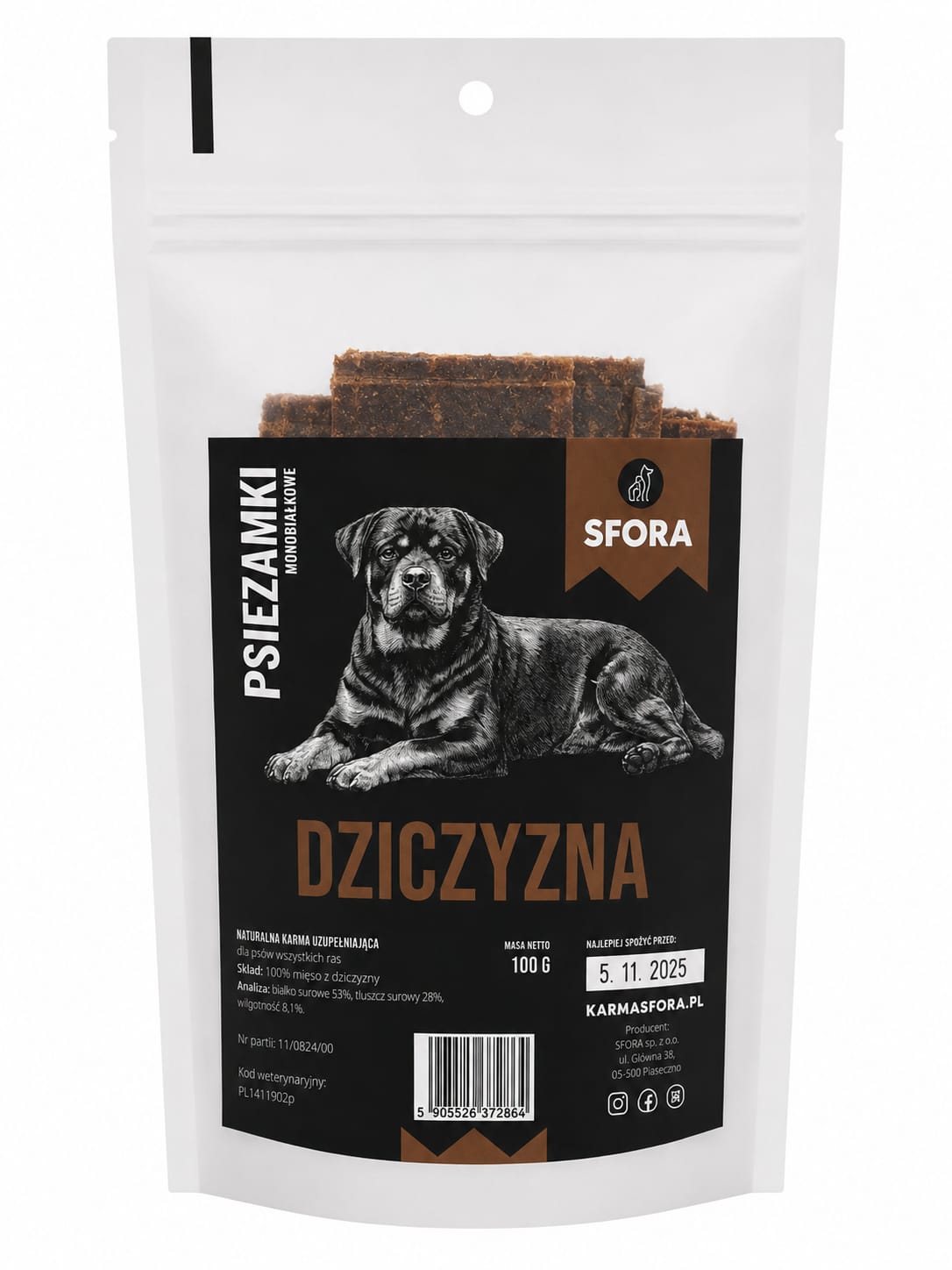 Sfora Psiezamki z dziczyzny monobiałkowe 100 g – naturalny przysmak dla psa